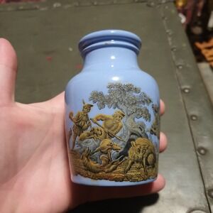 Antique Vintage 19th Century 1860s Blue Prattware Hunting Scene Pot Vase Jar